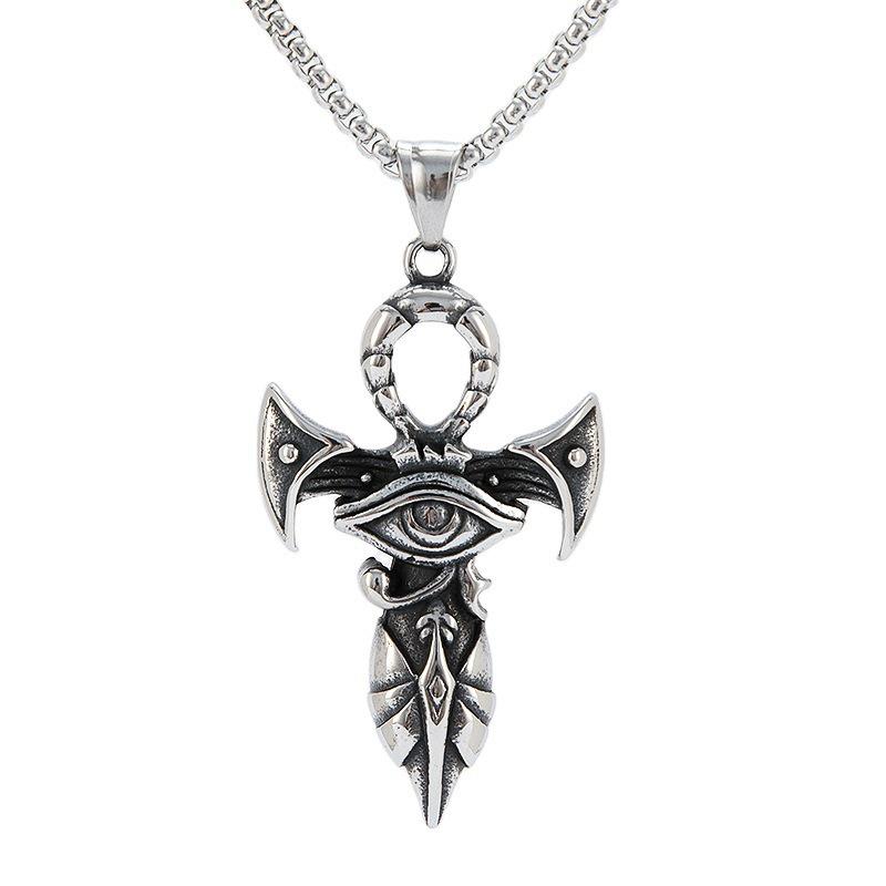 Retro Double Dragon War God Cross Pendant Necklace with Inlaid Diamond - Titanium Steel Jewelry