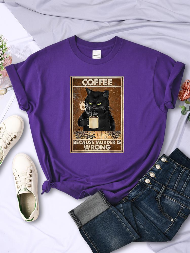 Ponieważ Morderstwo Jest Złe Czarny Kot Pije Kawę Damski T-shirt Odzież Okrągły Dekolt Vintage Krótki Rękaw Osobowość Casual Damskie Koszulki