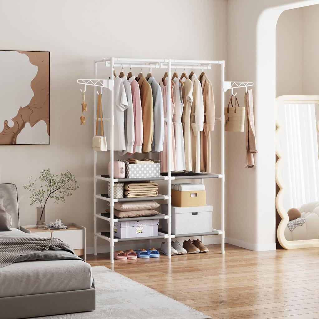 Multifunctional Three-Row Floor Standing Storage Rack for Clothes and Hats