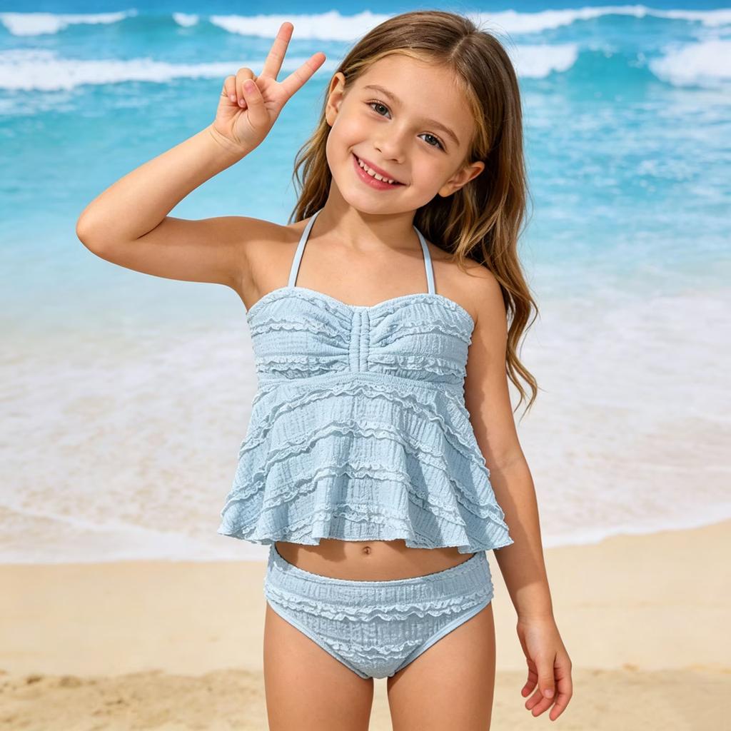 Dziewczęcy dwuczęściowy komplet kąpielowy falbankowy wielowarstwowy top tankini i figi dziecięca letnia odzież kąpielowa plażowa