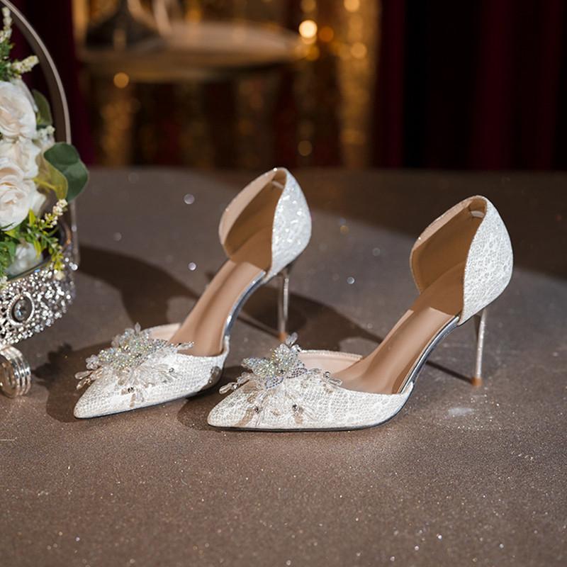 Fashion 2025 Summer Elegant Pointed toe Sequined Women Pumps Fashion Pearls Rhinestones Wedding Bridal Thin High heels Party Prom Shoes