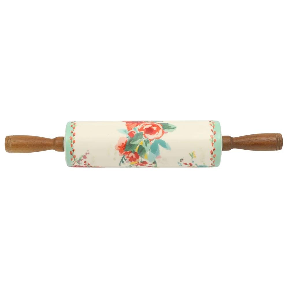 Ceramic Rolling Pin with Acacia Wood Holder Floral Design Kitchen Baking Tool Set Ideal Gift Home Bakers