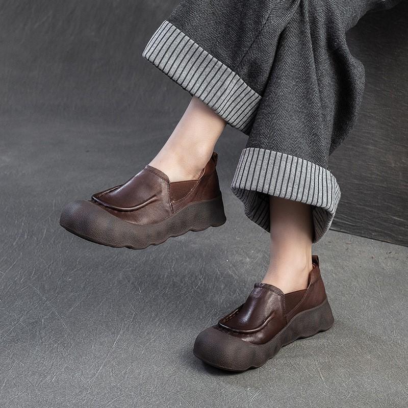 Johnature Genuine Leather Loafers Retro Round Toe Thick Soled Versatile Slip-on Women's Flat Shoes