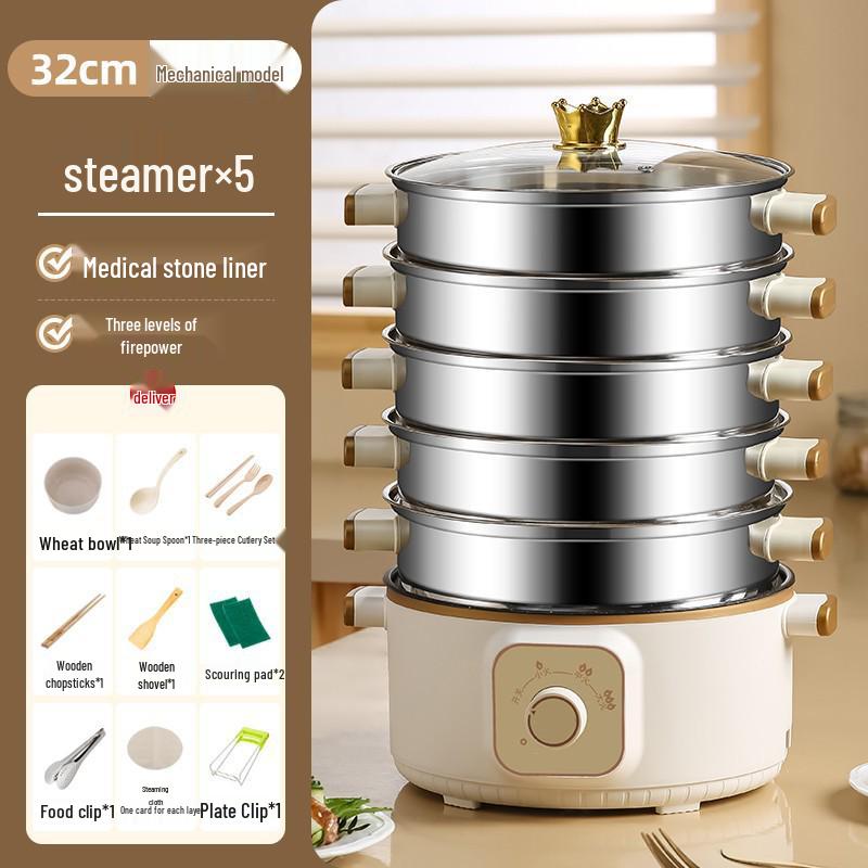 Wielofunkcyjny parowar elektryczny: Stal nierdzewna, Trójwarstwowy, Minutnik, do gotowania na parze, gotowania i duszenia