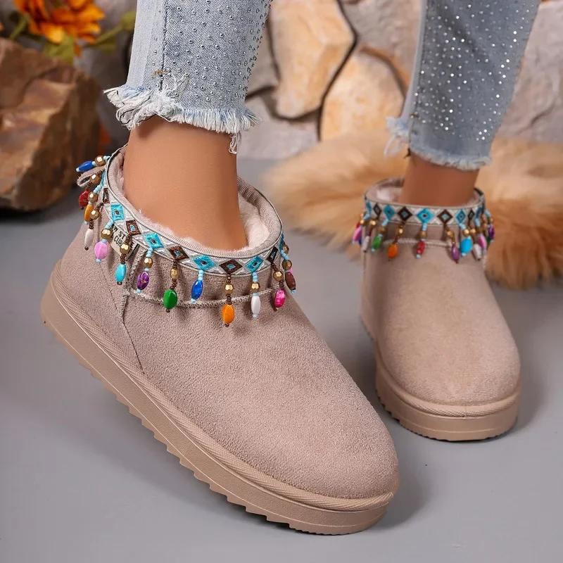 Fashion Size 44 Winter Cotton Shoes for Women 2024 New Bohemian Style Colorful Beaded Design Fashionable Women's Boots Botas De Mujer