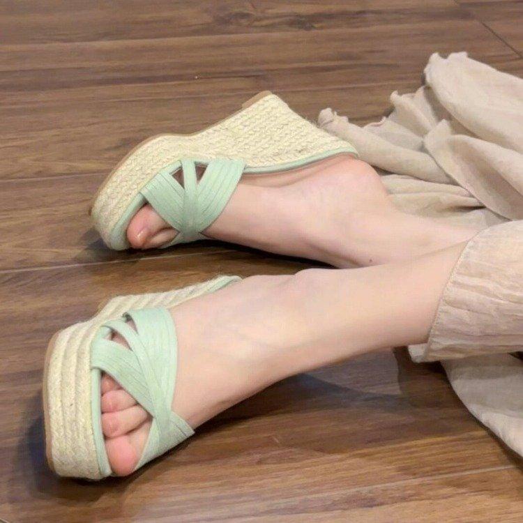 Wedge heel slippers women's new summer fashion outer wear woven hemp rope versatile high heel one-word slippers women