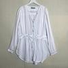 Export Fashion Original Single Rayon V Neck Stripes Half Open Long Sleeves Pullover Shirt Women's Shoelace Waist-Tight Mid Length Long Length
