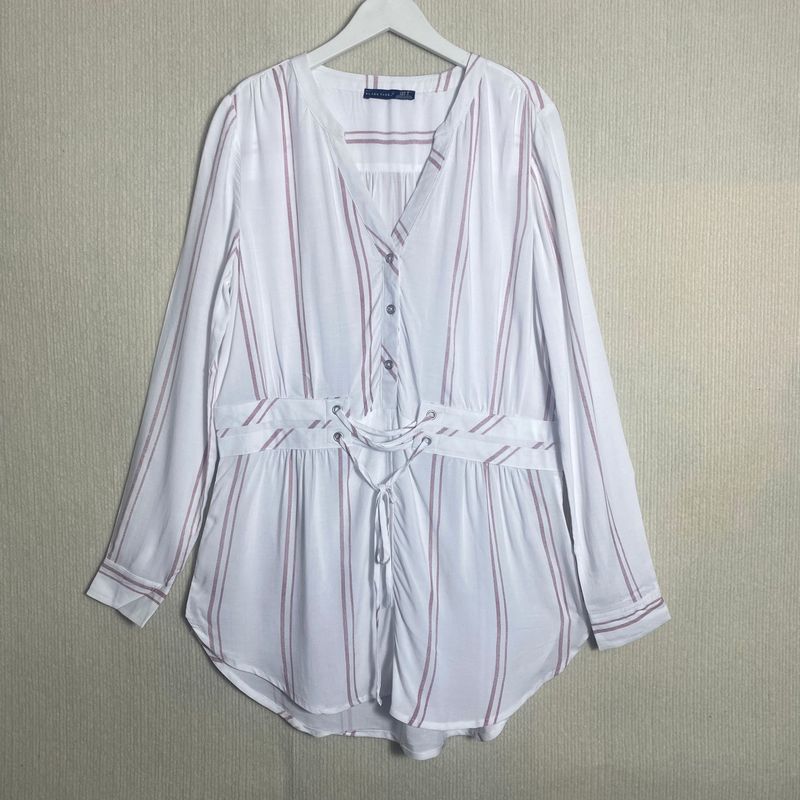 

Export Fashion Original Single Rayon V Neck Stripes Half Open Long Sleeves Pullover Shirt Women s Shoelace Waist-Tight Mid Length Long Length Red White Stripes M