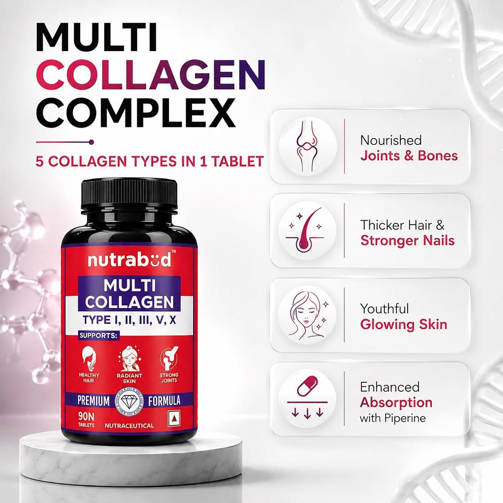 Nutrabud Multi Collagen Complex For Women Men 90 Tablets Hydrolyzed Peptides With Types I II III V X For Skin Hair Joints