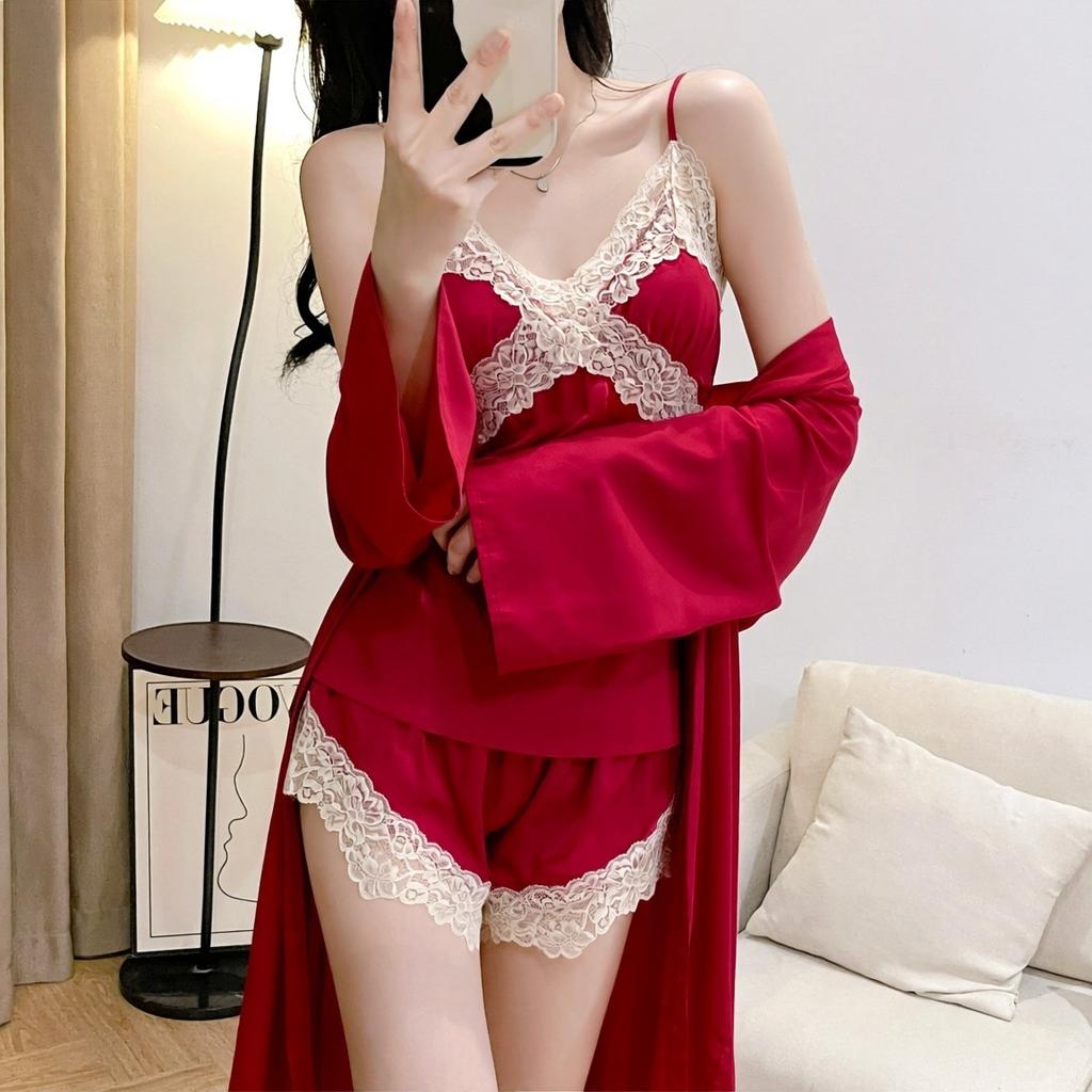 New women's summer ice silk pajamas sexy chest pads spring and autumn suspenders Internet celebrity shorts two-piece loungewear set