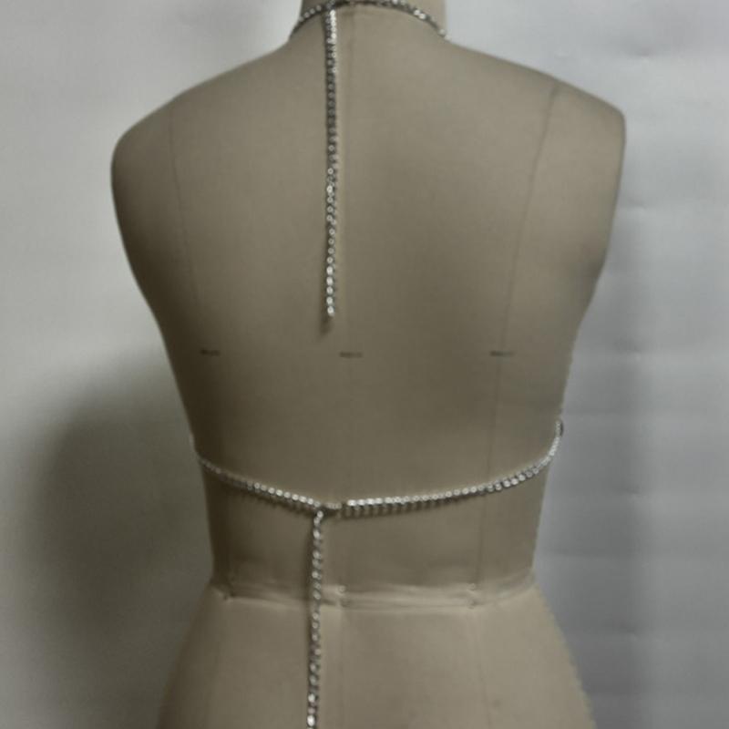 Sequins Crystal Tassels Halterneck Bra Crop Top Body Chain Camisole for Women Nightclub Festival Bikini Body Jewelry