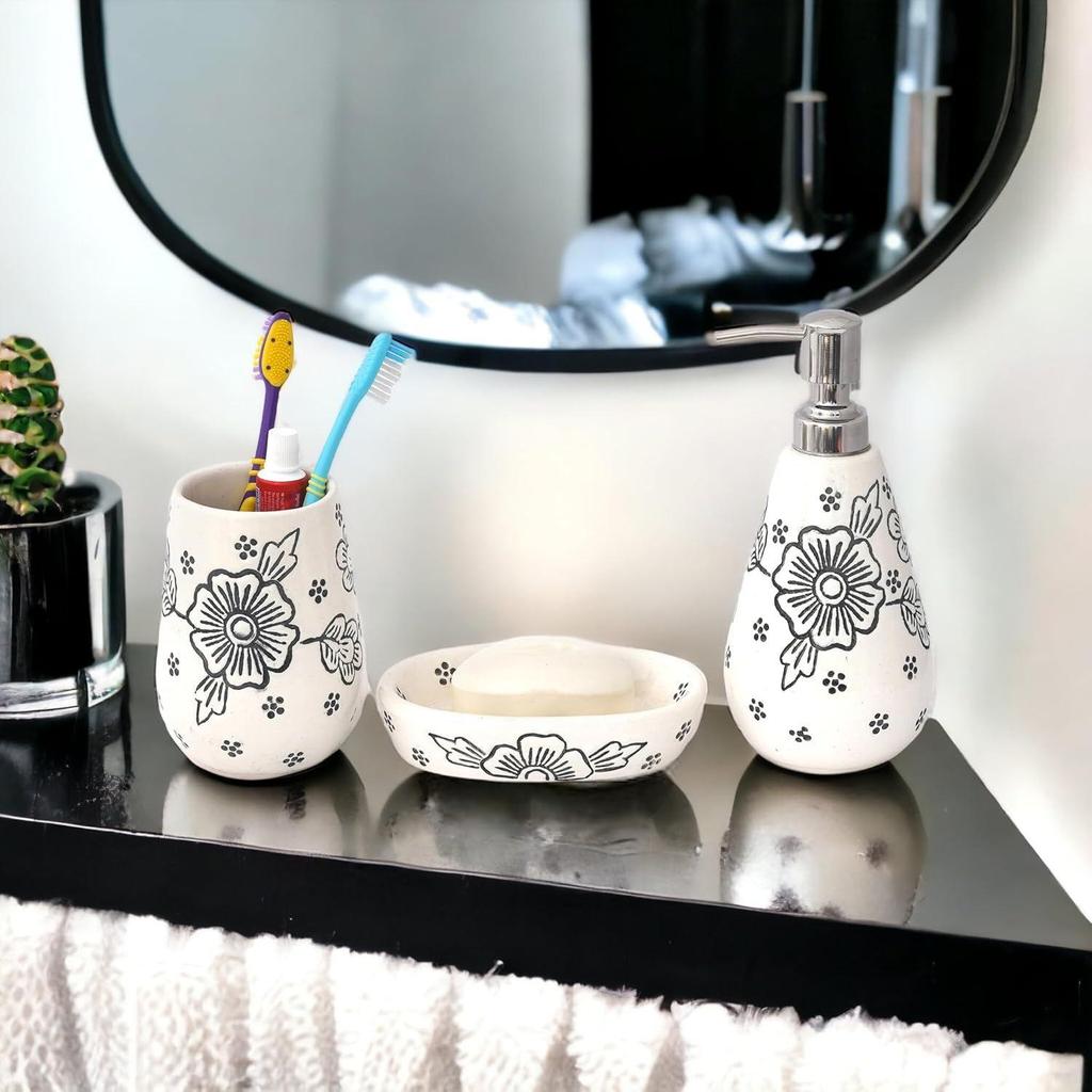 Premium Ceramic Bathroom Accessories Set of 3 | Modern Luxury Bath Set with 300ml Soap Dispenser, Toothbrush Holder & Soap Dish | Home Decor Items