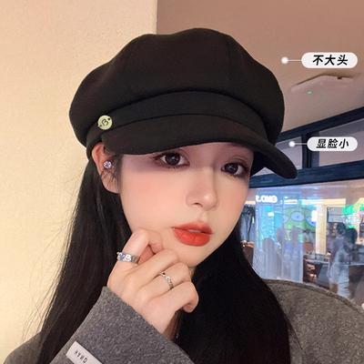 Hat Female Solid Color Versatile Autumn and Winter Octagonal Hat Show Face Small Art Retro Newsboy Hat Tide