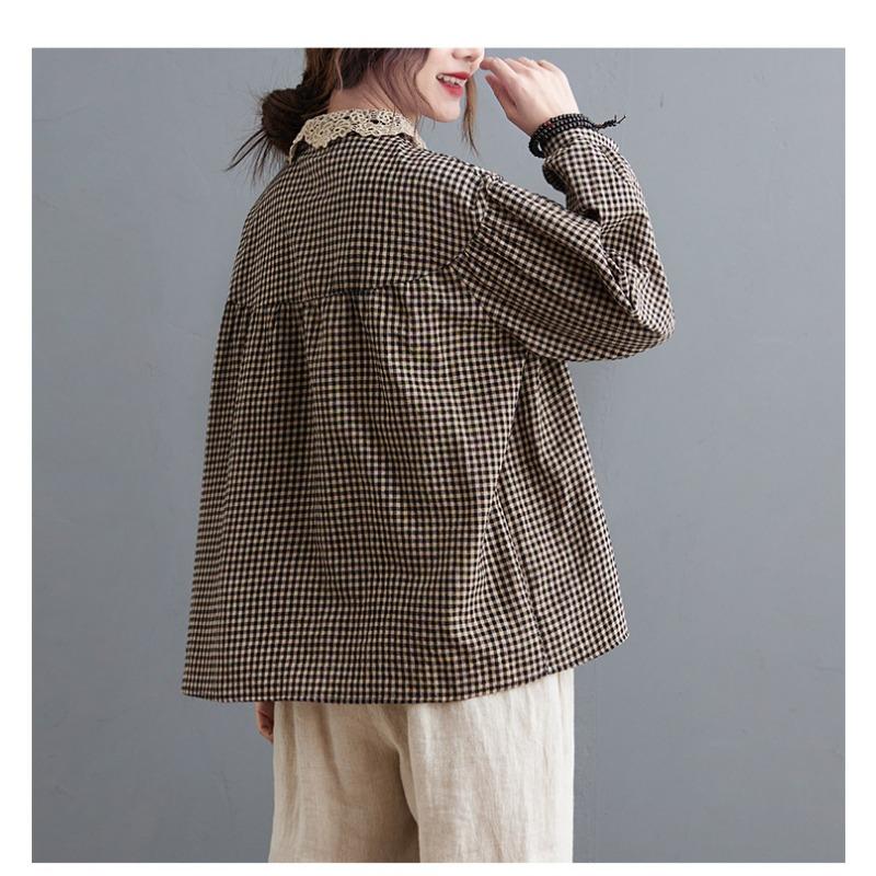 Plus Size Women Plaid Long Sleeve Turn Down Collar Casual Daily Blouse