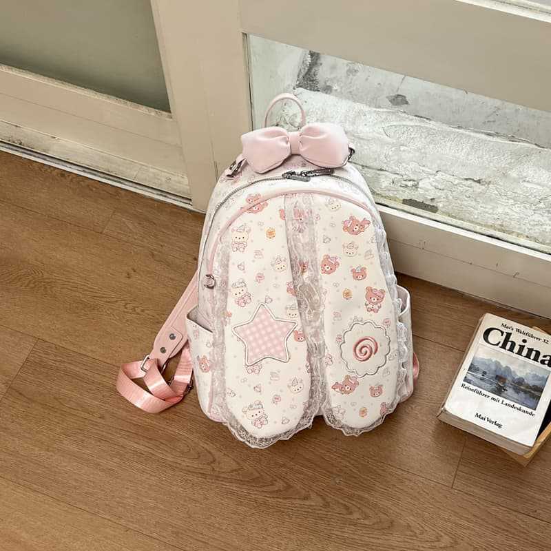 Schoolbag Cream Powder Floral Melody Backpack Sweet Girl Lace Bow Student School Bag Large Capacity Girl Backpack