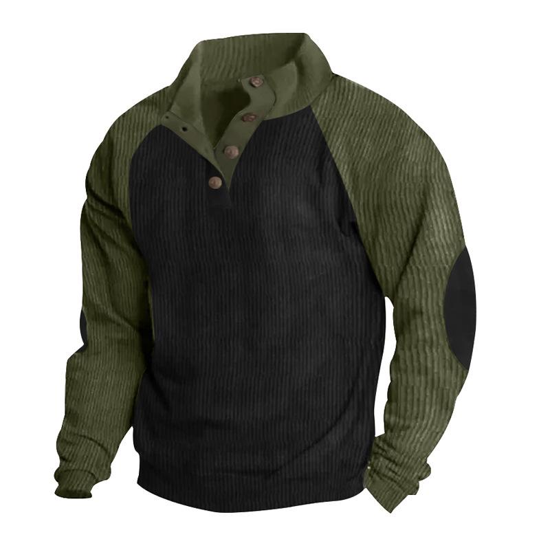 Autumn/Winter Men's Outdoor Raglan Sleeve Casual Stand Collar Loose-Fit Corduroy Colour-Blocked Sports Sweatshirt