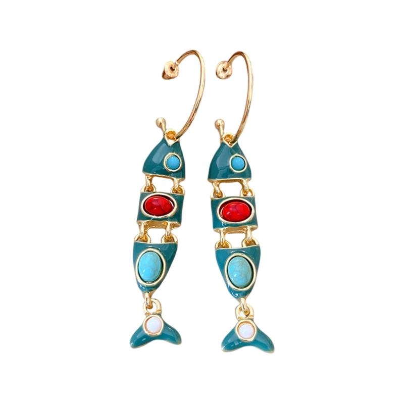 1 Pair Vintage Fish Tassels Enamel Long Hoop Earring for Women Gold Plated Alloy Lightweight Comfort for Casual and Party Wear