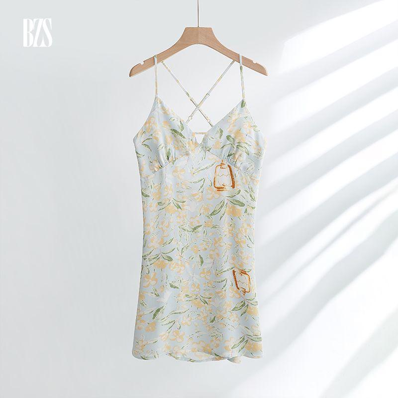 

2024 Satin Thin Summer Soft Cotton Silk Magnolia Blossoms Fancy Spring Pajamas Floral Long Sleeves Homewear for Women Slip Skirt M [recommend 52.50 kg-60.00 kg]]