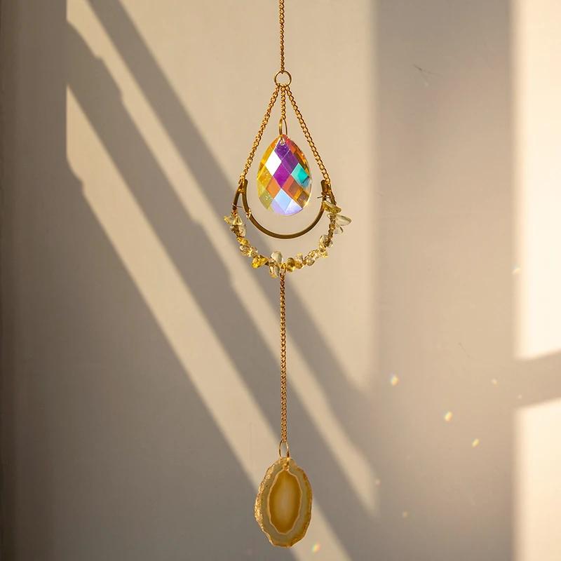 Crystal Sun Catcher Hanging Pendant Wind Chimes Chakra Artificial Agate Raw Stone Crystal Stained Glass Home Window Decoration