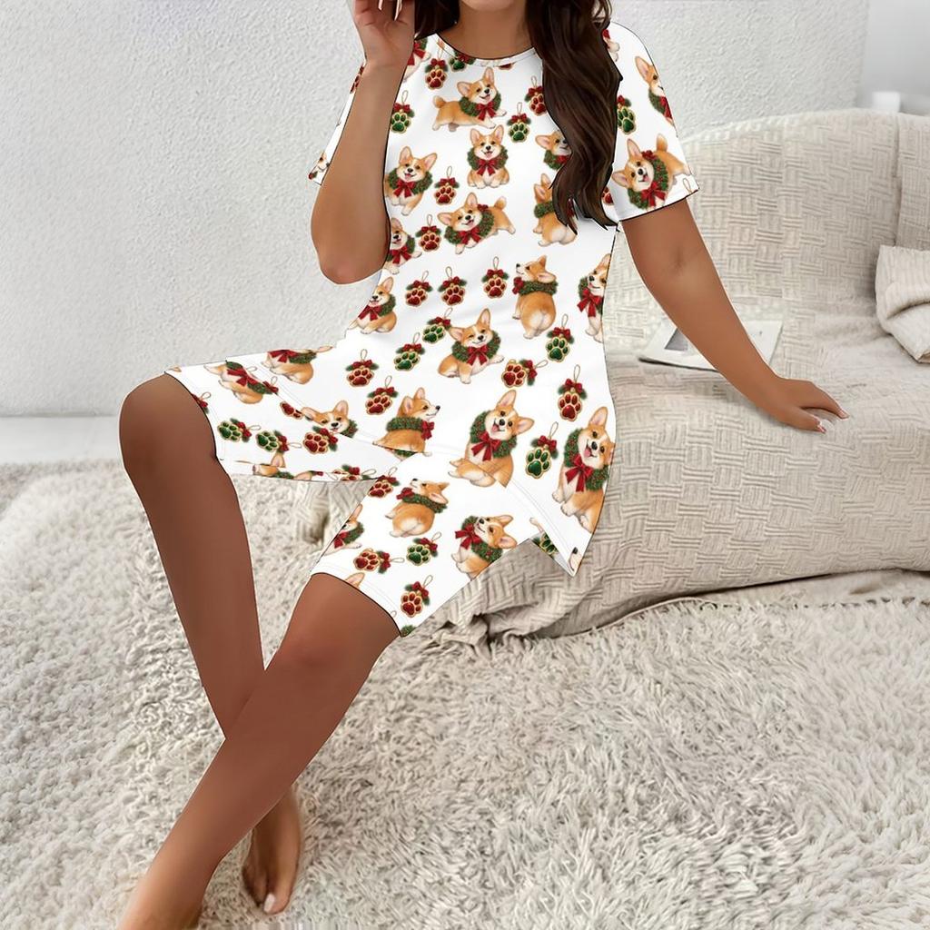 Women Plus Size Round Neck Short Sleeve Printed Longline Top Fitted Shorts Two Piece Pajama Set