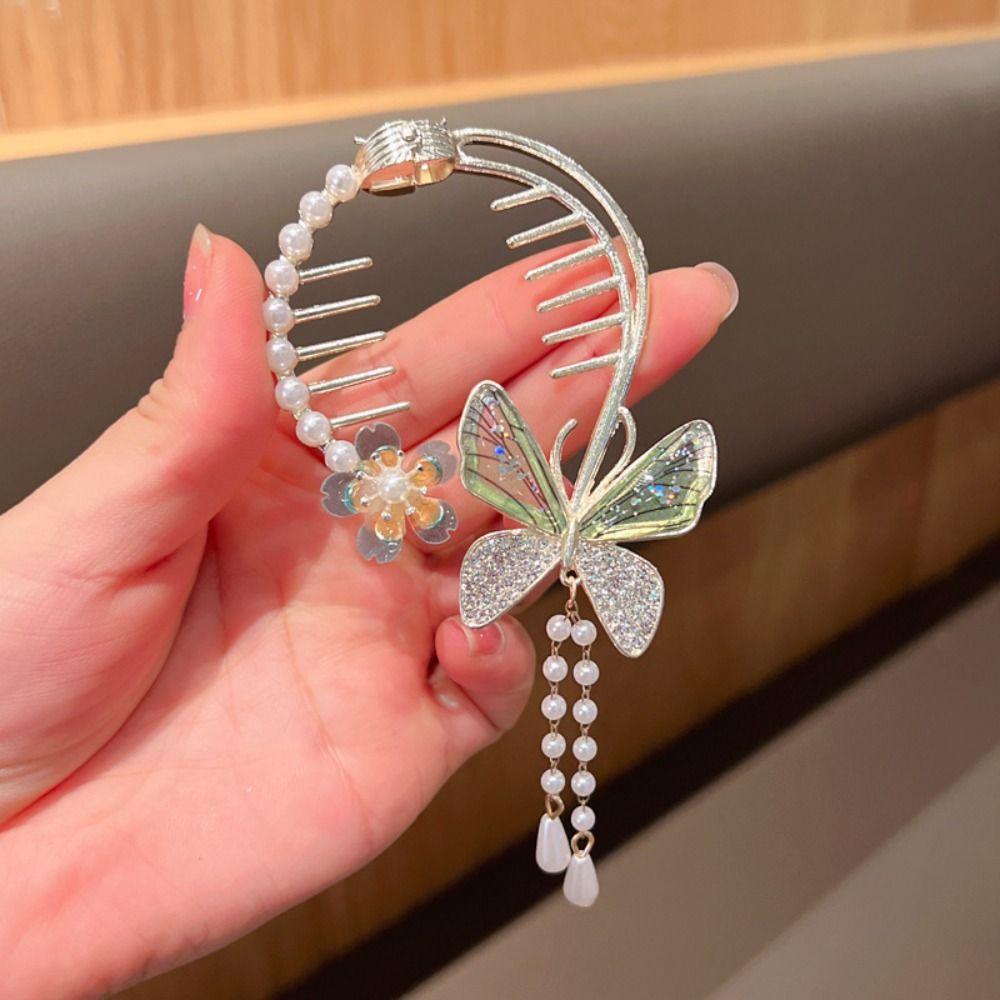 Pearl Flower Horsetail Buckle Tassel Hanfu Headwear Elegant Flower Ponytail Holder Lady