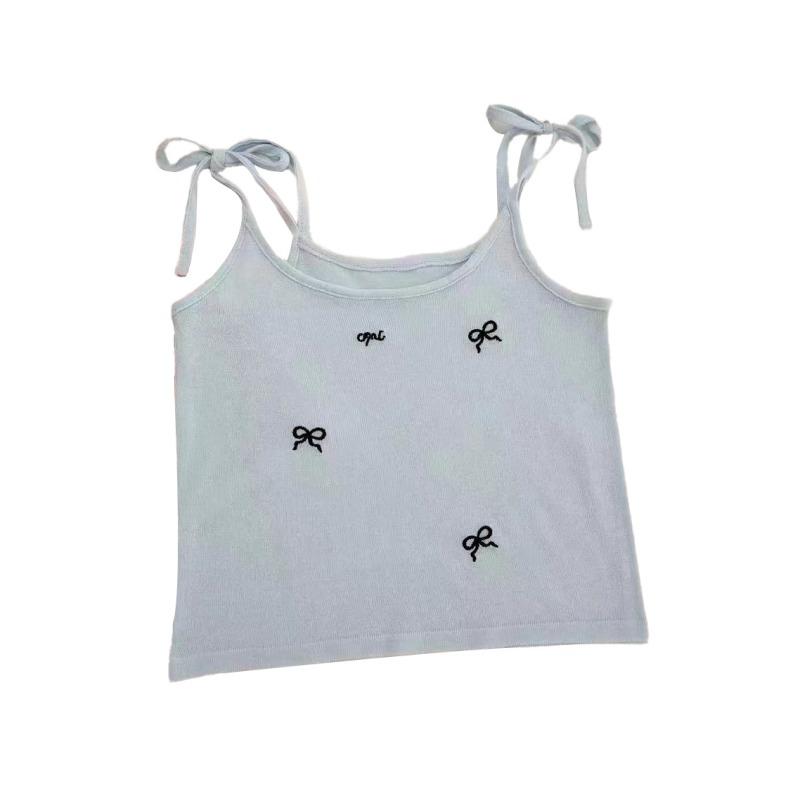 Damen Strick-Camisole mit Schleifenstickerei, schmales, süßes bauchfreies Top