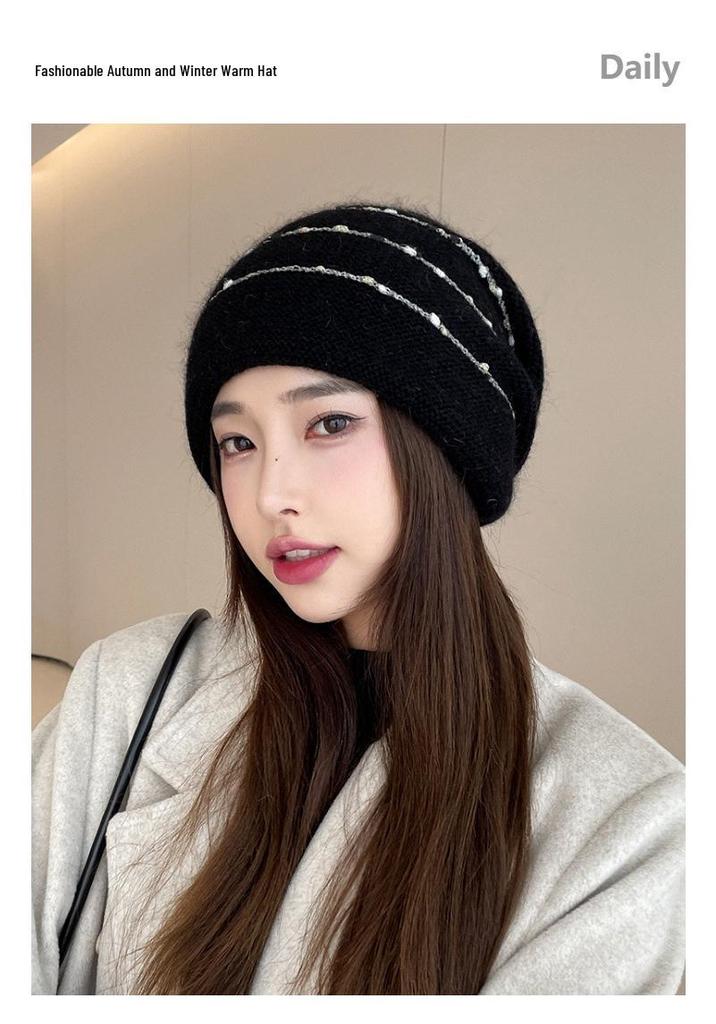 Women's Rabbit Fur Slouchy Hat with Ear Protection - Knitted Jumper Yarn, Plus Velvet, Autumn/Winter Style for Outdoor Warmth