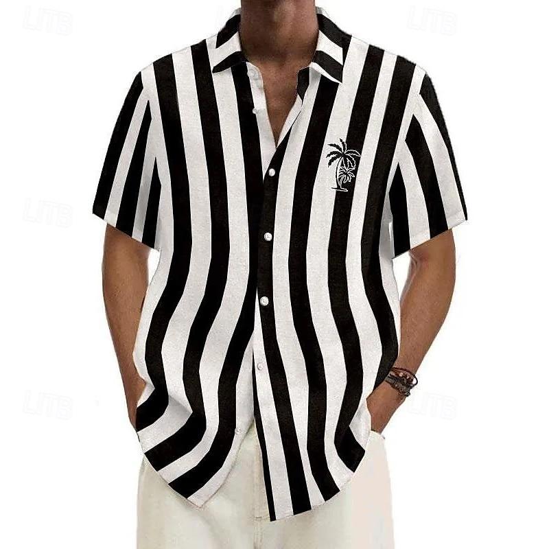 2025 Hawaiian Shirt Men's Summer New Coconut Tree Striped Short Sleeve Shirt Tops Casual Popsicle Shirt Button polyester Clothes