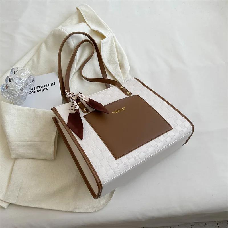 Big Bags Women Totes Fashi Plaid Pattern Ribbs Shoulder Bag Leather Satchels Working Commute Shopping Large Capacity Handbag