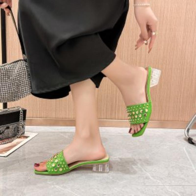 Fashion 2025 Summer Plus Size Modern Women's Open Toe Slippers Elegant Square Toe Rivet Med Heel Sandals Fashion Dress Daily Slippers