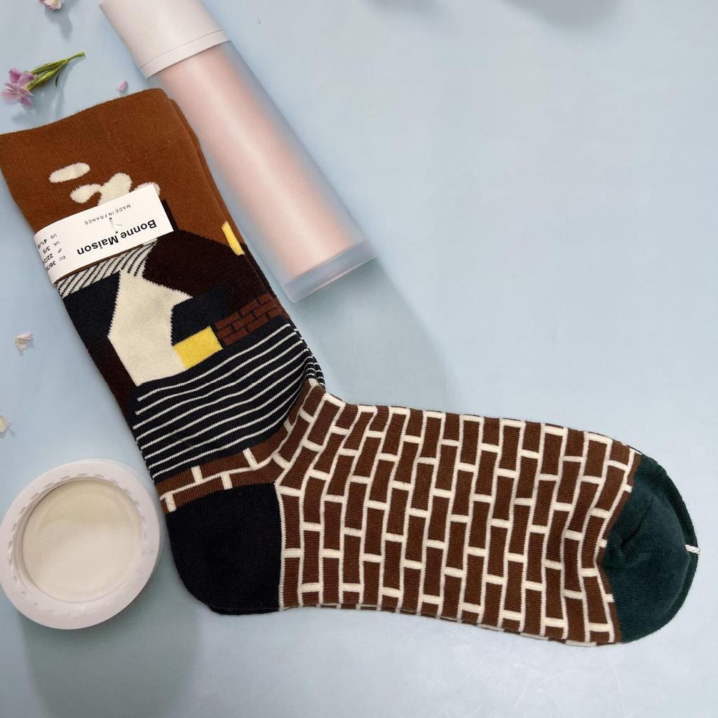 Bonne Maison: Retro-Ölgemälde-Socken für Damen, mittelhoch, luxuriös, französisch, bis zur Wade
