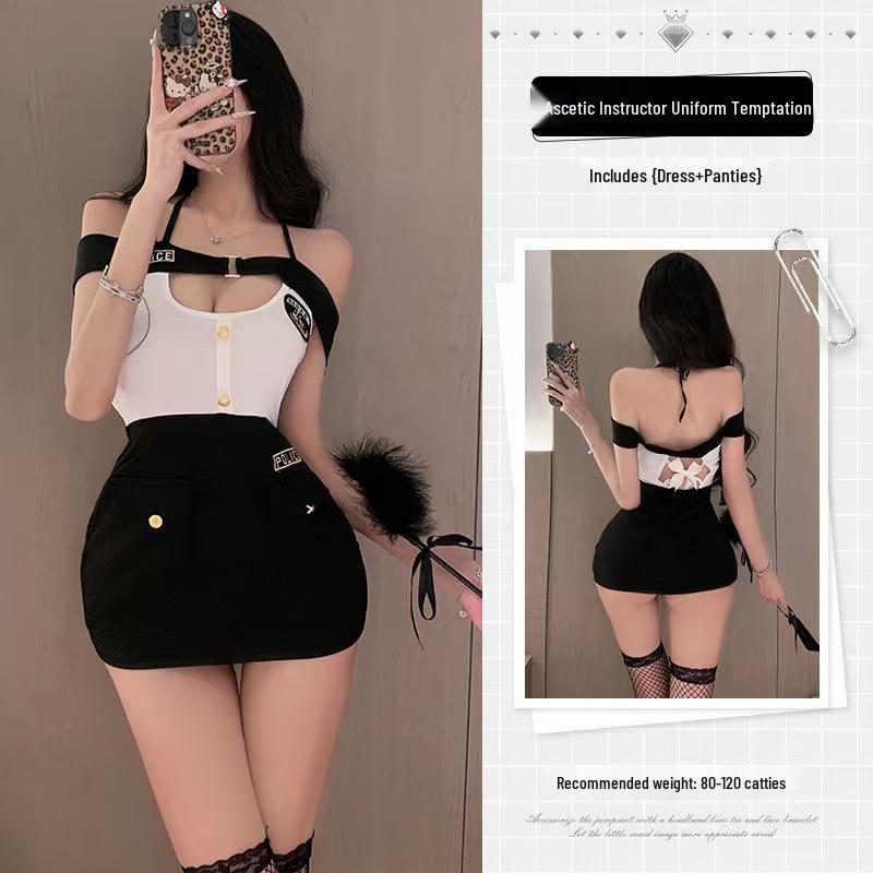 Seductive Female Police Officer Cosplay: Fitted Lingerie Uniform with Hip-Hugging Skirt
