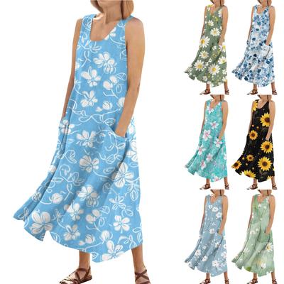Women's Fashion Casual Colour Sleeveless Cotton Linen Pocket Dress