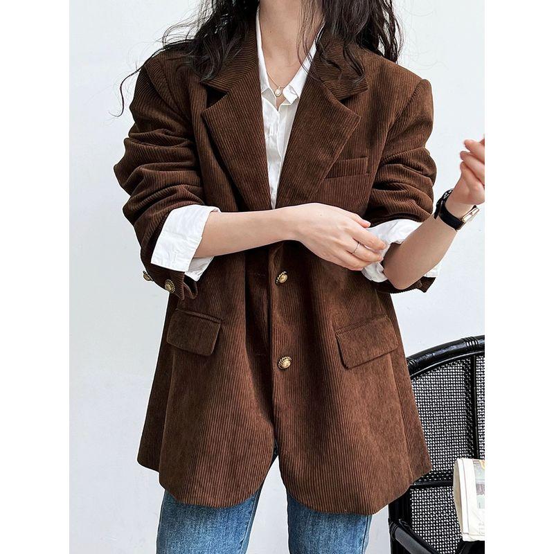 Autumn New Women Caramel Brown Corduroy Shoulder Blazers Popular Neapolitan High-Grade Small Suit