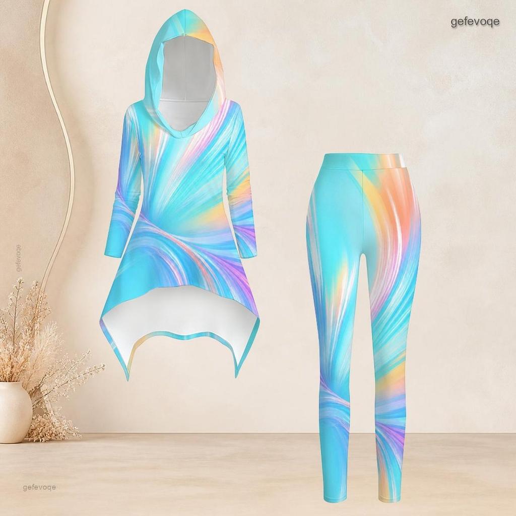 Women Plus Size Hooded Long Sleeve High Low Printed Top Fitted Pants Two Piece Set