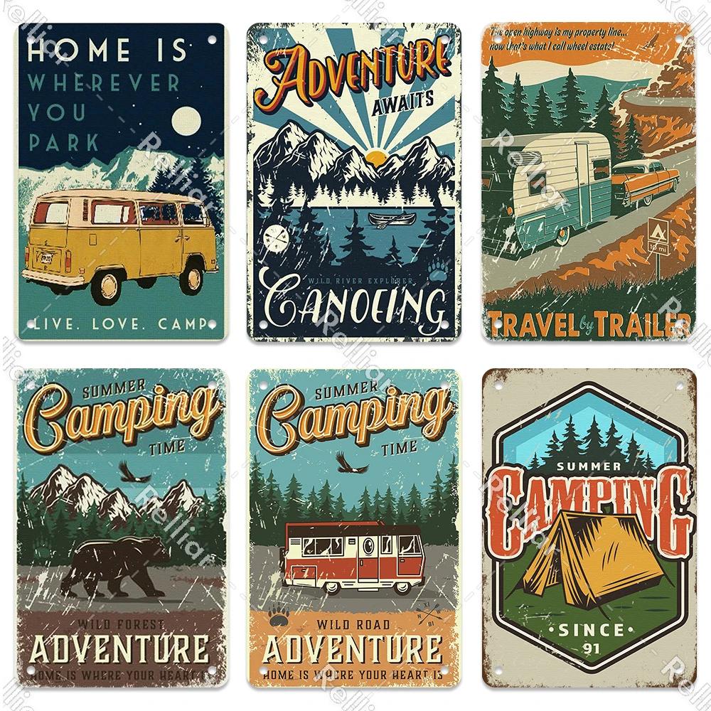 Retro Happy Camper Dekoracyjny Talerz Przygoda na Zewnątrz Metalowy Znak Blaszany Symbol Dzikiej Przyrody Ornament Plakat Dekoracja Domowego Baru Klubu Tablica