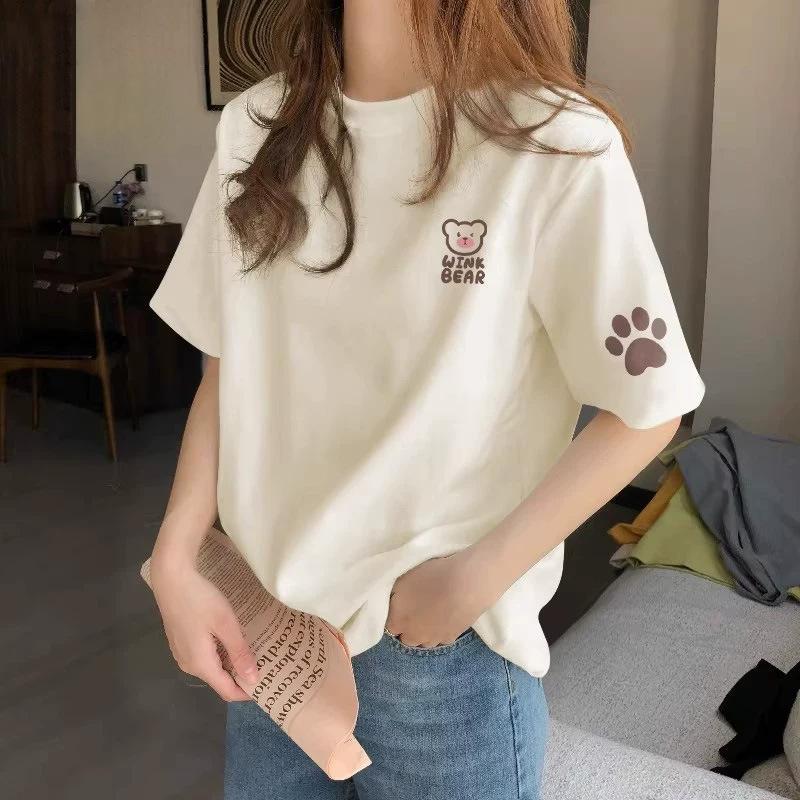 Women's Round Neck Short Sleeve Printed Loose Fit Korean Casual T Shirt Basic Top with Heart Graphic for Spring Daily Wear