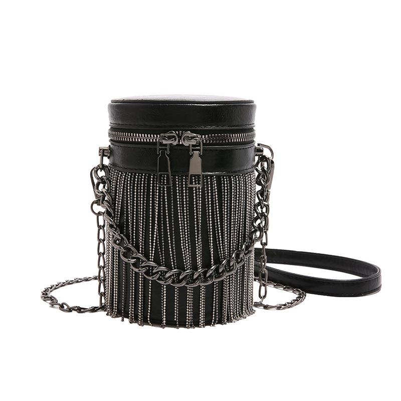 

bags2025 новая маленькая сумка корейская версия модной сумки через плечо с бахромой женская нишевая универсальная сумка-мессенджер цилиндрической формы тренд чёрный