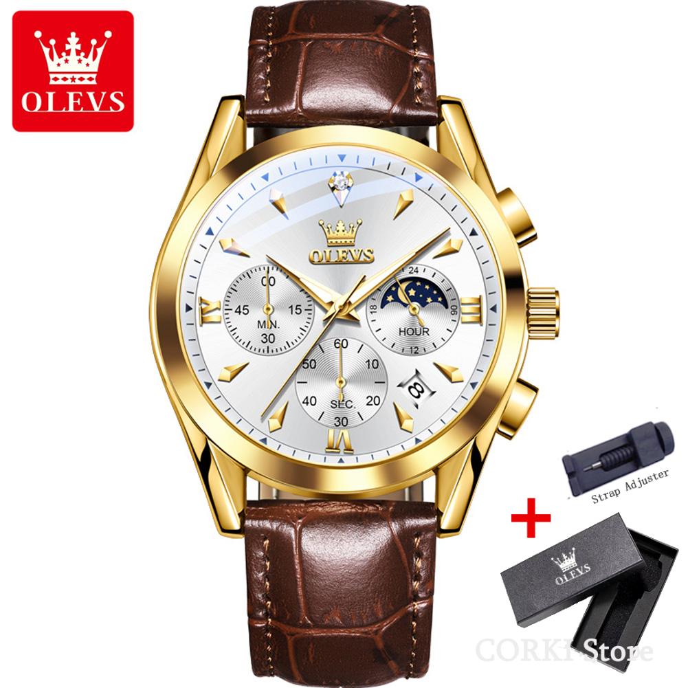 OLEVS 3609 Luxury Leather Quartz Mens Wristwatches Original Moon Phase Chronograph Waterproof Luminous Watch for Men Reloj Mujer