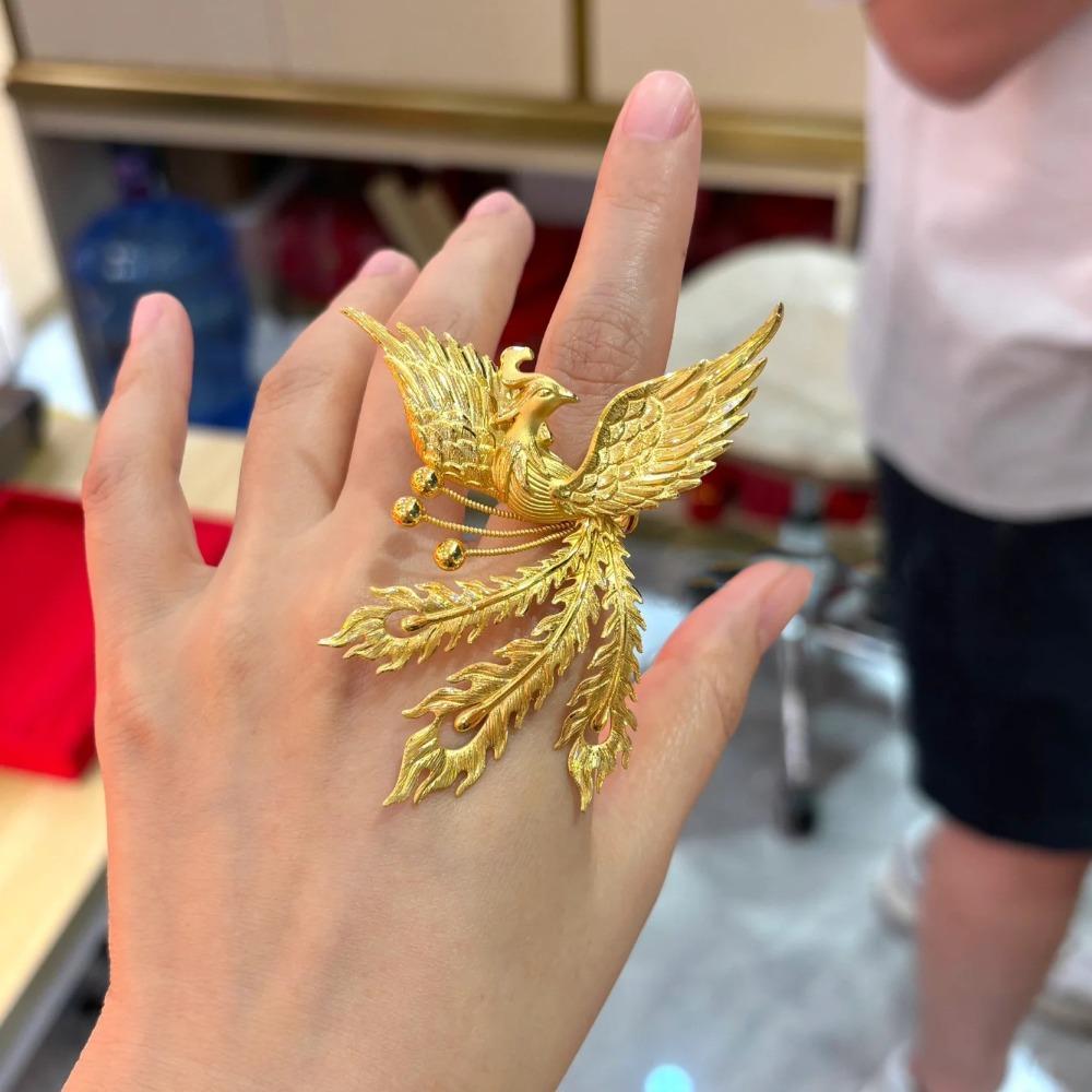 Chinese Style Phoenix Ring for Women Ancient Sand Gold Craft Gradient Enamel Fengwu Jiutian Jewelry Unique Gift