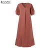 ZANZEA Women Summer V-Neck Short Sleeve Long Dress