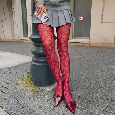 Blumen-Spitzenstrumpfhose Elegante Lolita Damen Muster Netzstrumpfhose Sexy Vintage Strümpfe 2025 Hohe Taille Netzstrumpf