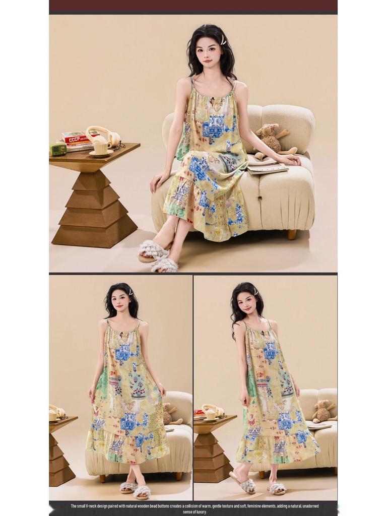 Spring/Summer Women's Printed Camisole Nightgown - Casual, Sexy Dress with Adjustable Straps