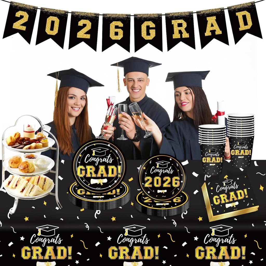 Graduation Decorations Disposable Black Graduation Tableware Kit For 25 Guests Plates Napkins Cups Tablecloth Hanging Graduation Party Decorations