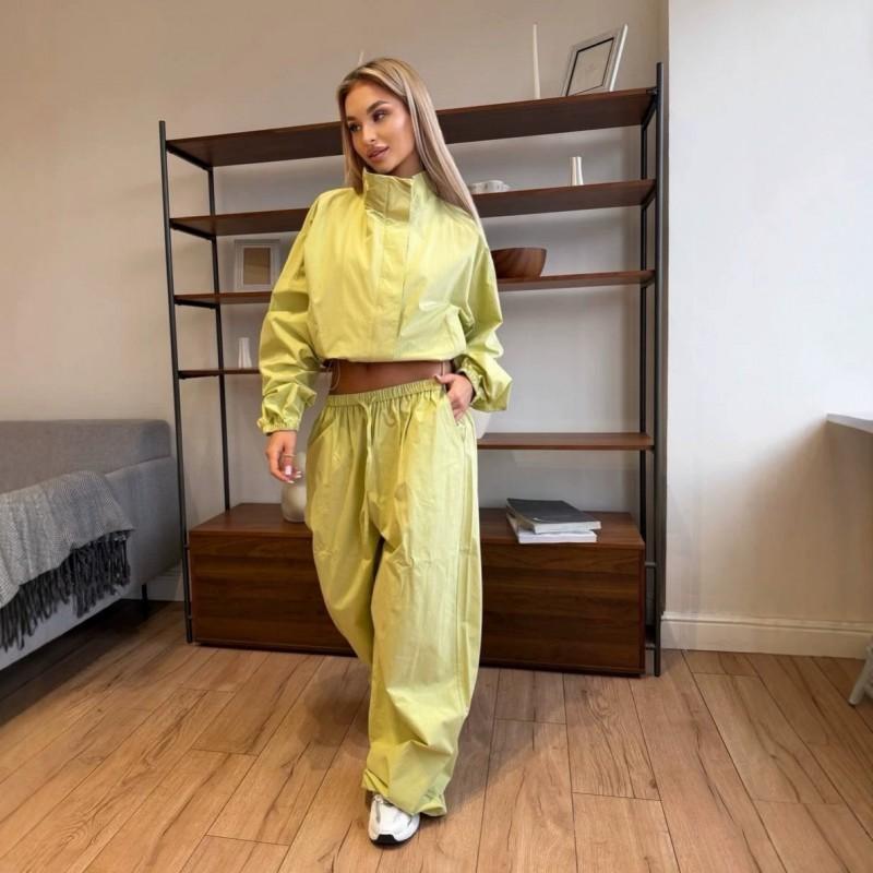 Womens Casual 2-Piece Set Stand Collar Zip-Up Jacket Wide-Leg Pants Streetwear