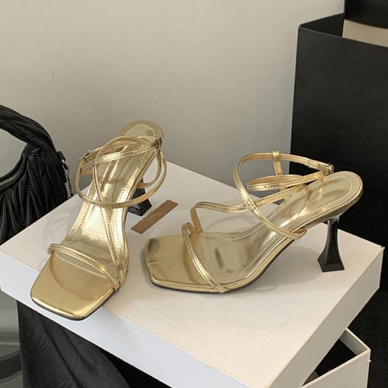 Fashion Liyke Size 35-42 Strange High Heels Gladiator Sandals Women Summer Cozy Leather Square Toe Ankle Strap Ladie Shoes Gold Silver