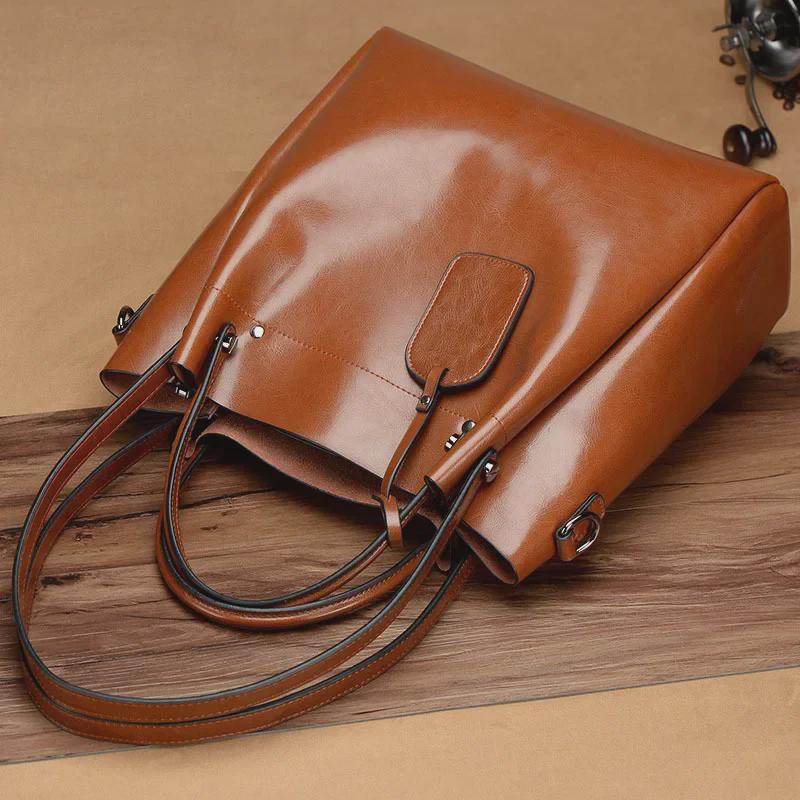 Women's Waxed Cowhide Handbag: Genuine Leather Shoulder Messenger Bag, Korean Style, Large Casual Ladies' Bag KTB