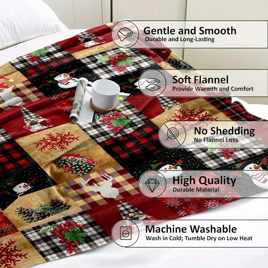 Christmas Patchwork Plaid Flannel Blanket Snowman Reindeer Snowflake Soft Warm Throw Blanket Sofa Bed Holiday Home Decor Xmas Gift