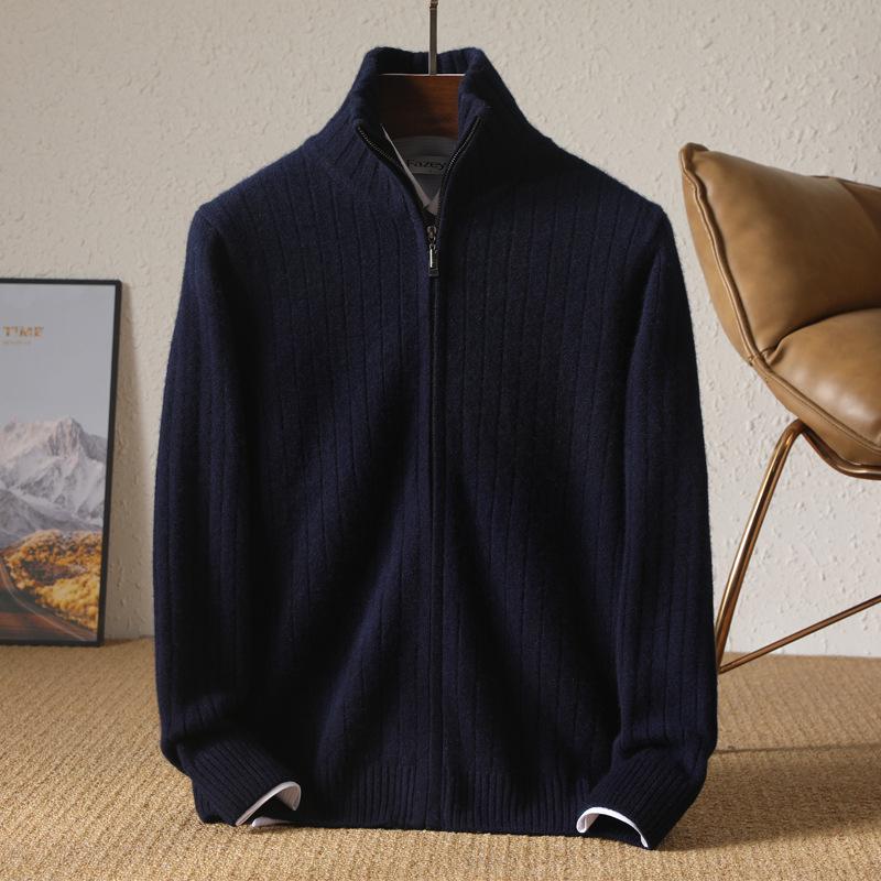 Men’s 100% Pure Wool Lapel Full-Zip Cardigan Sweater - Thickened for Autumn/Winter XL темно-синий