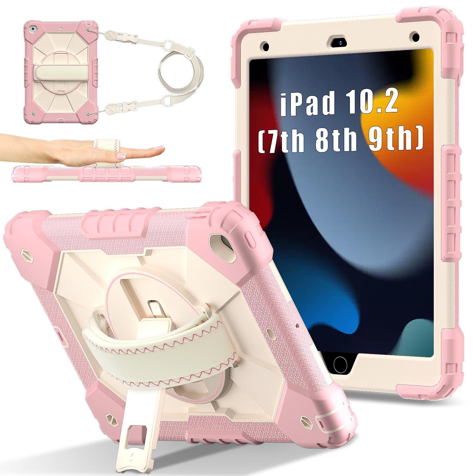 

360 Rotatable Hybrid Case For iPad 10.2 2019 2020 2021 7th 8th 9th Generation Armor Stand Cover With Hand Shoulder Strap 3-Layer iPad 10.2 (7-8-9th) розового золота